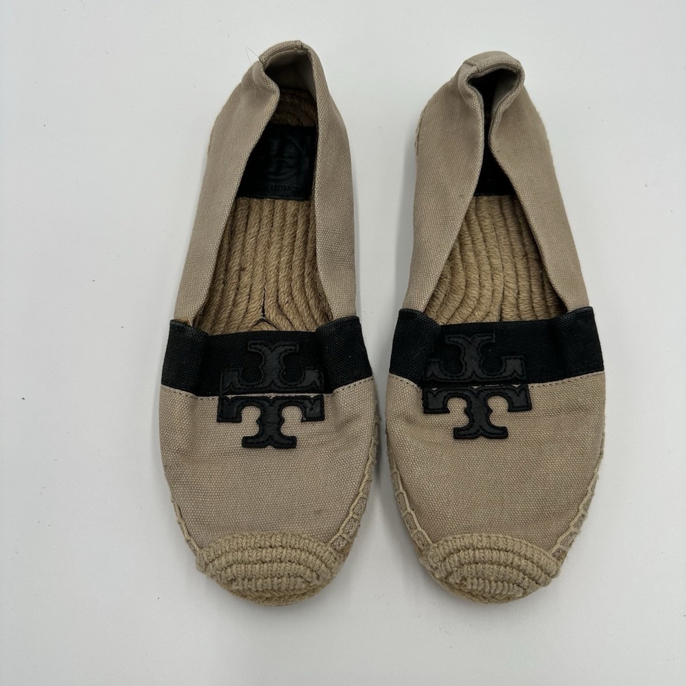 TORY BURCH Weston Beige Canvas Logo Espadrille Flats Sz Women's 7 Boho Beach